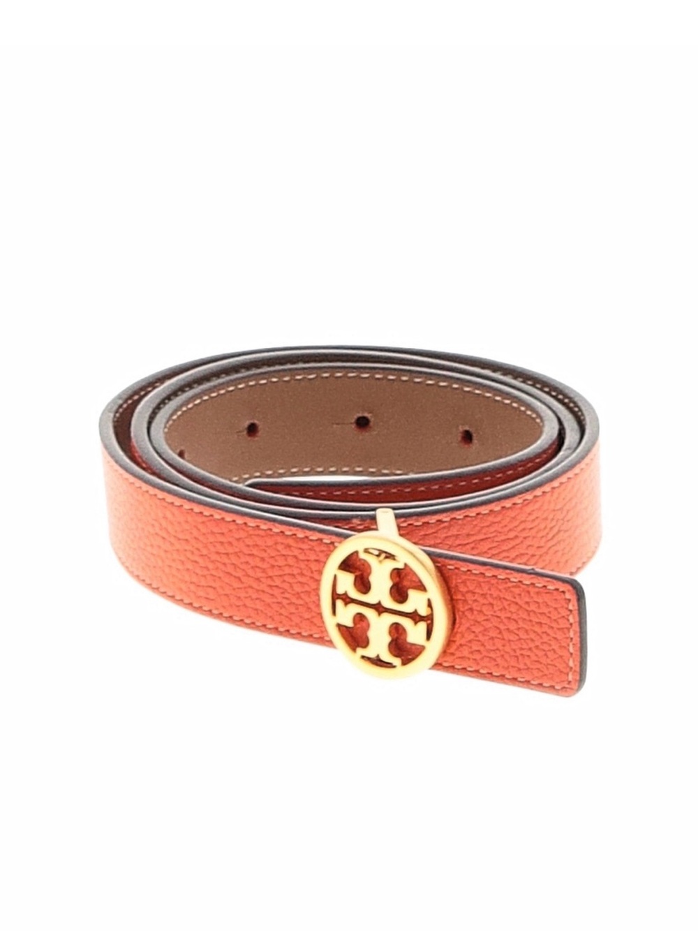 Tory Burch Pebbled Orange and brown Leather Belt with Gold Logo Buckle Small